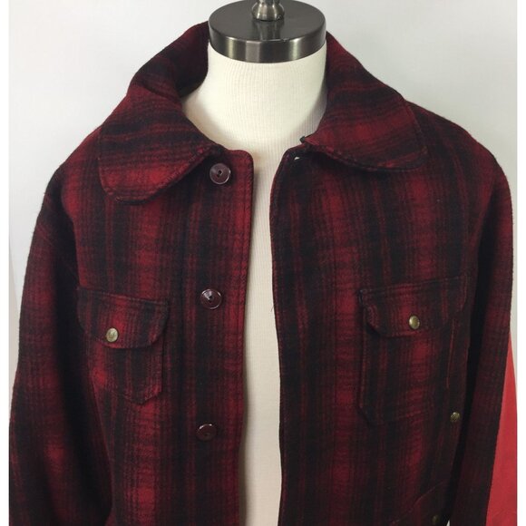 Vintage 1940s Mens Woolrich Mackinaw Red Black Plaid Jacket Hunting Wool Size 46 - Picture 3 of 15